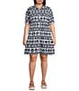 Intro Plus Size Woven Geometric Point Collar 3/4 Roll-Tab Sleeve Tiered Button-Front Shirt Dress, Color:Industrial Blue/Geometric Print - Image 3