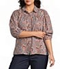 Intro Plus Size Woven Printed Point Collar Long Sleeve Button Front Placket Blouse - Image 1