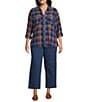 Intro Plus Size Woven Pucker Plaid Blue Quartz Point Collar 3/4 Rolled-Tab Sleeve Button Front Shirt, Color:Blue Quartz - Image 3