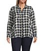 Intro Plus Size Woven Pucker Plaid New Natural Pearl Point Collar 3/4 Rolled-Tab Sleeve Button Front Shirt, Color:New Natural Pearl - Image 1
