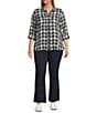 Intro Plus Size Woven Pucker Plaid New Natural Pearl Point Collar 3/4 Rolled-Tab Sleeve Button Front Shirt, Color:New Natural Pearl - Image 3