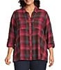 Intro Plus Size Woven Pucker Plaid Red Bud Point Collar 3/4 Rolled-Tab Sleeve Button-Front Shirt, Color:Red Bud - Image 1