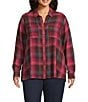 Intro Plus Size Woven Pucker Plaid Red Bud Point Collar 3/4 Rolled-Tab Sleeve Button-Front Shirt, Color:Red Bud - Image 3
