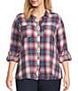 Intro Plus Size Woven Pucker Plaid Wineberry Point Collar 3/4 Rolled-Tab Sleeve Button Front Shirt, Color:Wineberry - Image 1