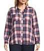 Intro Plus Size Woven Pucker Plaid Wineberry Point Collar 3/4 Rolled-Tab Sleeve Button Front Shirt, Color:Wineberry - Image 3