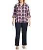 Intro Plus Size Woven Pucker Plaid Wineberry Point Collar 3/4 Rolled-Tab Sleeve Button Front Shirt, Color:Wineberry - Image 5