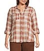 Intro Plus Size Woven Pucker Plaid Wood Thrush Point Collar 3/4 Rolled-Tab Sleeve Button Front Shirt, Color:Wood Thrush - Image 1