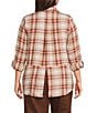 Intro Plus Size Woven Pucker Plaid Wood Thrush Point Collar 3/4 Rolled-Tab Sleeve Button Front Shirt, Color:Wood Thrush - Image 2