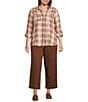 Intro Plus Size Woven Pucker Plaid Wood Thrush Point Collar 3/4 Rolled-Tab Sleeve Button Front Shirt, Color:Wood Thrush - Image 5