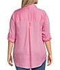 Color:Aurora Pink Stripe - Image 2 - Plus Size Woven Solid Stripe Print Point Collar 3/4 Roll-Tab Sleeve High-Low Hem Button-Front Shirt