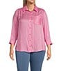 Color:Aurora Pink Stripe - Image 3 - Plus Size Woven Solid Stripe Print Point Collar 3/4 Roll-Tab Sleeve High-Low Hem Button-Front Shirt
