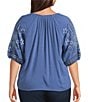 Intro Plus Size Woven Split Ruffle V-Neck Embroidered Elbow Length Sleeve Top - Image 6