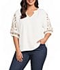 Intro Plus Size Woven Split Ruffle V-Neck Embroidered Elbow Length Sleeve Top - Image 1