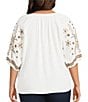 Intro Plus Size Woven Split Ruffle V-Neck Embroidered Elbow Length Sleeve Top - Image 2
