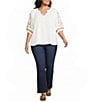Intro Plus Size Woven Split Ruffle V-Neck Embroidered Elbow Length Sleeve Top - Image 3