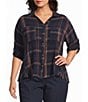 Intro Plus Woven Point Navy Beat Plaid Print Collar Long Roll-Tab Sleeve Button-Front Denim Shirt - Image 1