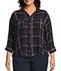Intro Plus Woven Point Navy Beat Plaid Print Collar Long Roll-Tab Sleeve Button-Front Denim Shirt - Image 2