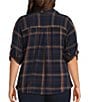 Intro Plus Woven Point Navy Beat Plaid Print Collar Long Roll-Tab Sleeve Button-Front Denim Shirt - Image 3