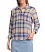 Intro Pucker Plaid Multi Color Point Collar 3/4 Roll-Tab Sleeve Button-Front Shirt - Image 1