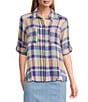 Intro Pucker Plaid Multi Color Point Collar 3/4 Roll-Tab Sleeve Button-Front Shirt - Image 3