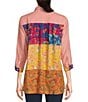 Color:Hot Coral/Stripe Patchwork Print - Image 2 - Rayon Striped Patchwork Print Roll-Tab Sleeve High-Low Button Front Top