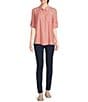 Color:Hot Coral/Stripe Patchwork Print - Image 3 - Rayon Striped Patchwork Print Roll-Tab Sleeve High-Low Button Front Top