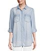 Color:Light Bleach Wash - Image 1 - Long Roll-Tab Sleeve Button Front Slub Lyocell Shirt