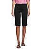 Color:Ebony Black - Image 1 - Rose Heatseal Trim Side Hem Embellished Tummy Panel Mid Rise Bermuda Skimmer Shorts