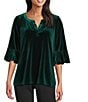 Intro Silky Velvet Split V-Neck 3/4 Flounce Ruffle Sleeve Blouse, Color:Pine Green - Image 1