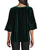 Intro Silky Velvet Split V-Neck 3/4 Flounce Ruffle Sleeve Blouse, Color:Pine Green - Image 2