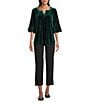 Intro Silky Velvet Split V-Neck 3/4 Flounce Ruffle Sleeve Blouse, Color:Pine Green - Image 3