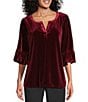 Intro Silky Velvet Split V-Neck 3/4 Flounce Ruffle Sleeve Blouse, Color:Wine - Image 1