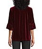 Intro Silky Velvet Split V-Neck 3/4 Flounce Ruffle Sleeve Blouse, Color:Wine - Image 2