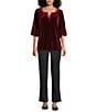 Intro Silky Velvet Split V-Neck 3/4 Flounce Ruffle Sleeve Blouse, Color:Wine - Image 3