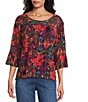 Intro Soft Mesh Floral Print 3/4 Romantic Sleeve Top, Color:Carmine - Image 1