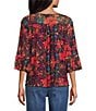 Intro Soft Mesh Floral Print 3/4 Romantic Sleeve Top, Color:Carmine - Image 2