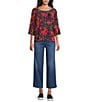 Intro Soft Mesh Floral Print 3/4 Romantic Sleeve Top, Color:Carmine - Image 3