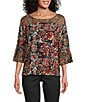 Intro Soft Mesh Graphic Jacobean Print 3/4 Romantic Sleeve Top, Color:Ebony Black Print - Image 1
