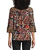 Intro Soft Mesh Graphic Jacobean Print 3/4 Romantic Sleeve Top, Color:Ebony Black Print - Image 2