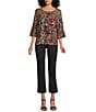 Intro Soft Mesh Graphic Jacobean Print 3/4 Romantic Sleeve Top, Color:Ebony Black Print - Image 3