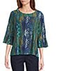 Intro Soft Mesh Painted Ikat Print 3/4 Romantic Sleeve Top, Color:Dark Sea - Image 1