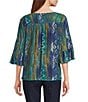 Intro Soft Mesh Painted Ikat Print 3/4 Romantic Sleeve Top, Color:Dark Sea - Image 2