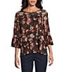Intro Soft Mesh Rose Print 3/4 Romantic Sleeve Top, Color:Fudge - Image 1