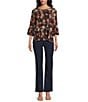Intro Soft Mesh Rose Print 3/4 Romantic Sleeve Top, Color:Fudge - Image 3