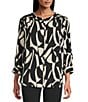 Intro Soft Puckered Large Geo Print Round Band Collar Neck 3/4 Sleeve Button-Front Shirt, Color:Ebony Black Large Geo Print - Image 1