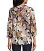 Intro Soft Puckered Patch Floral Print Split Round V-Neck 3/4 Sleeve Button Front Shirt, Color:New Natural Pearl - Image 2