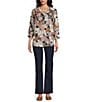 Intro Soft Puckered Patch Floral Print Split Round V-Neck 3/4 Sleeve Button Front Shirt, Color:New Natural Pearl - Image 3