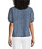 Intro Split V-Neck Embroidered Elbow Puff Sleeve Denim Blouse - Image 2