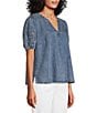 Intro Split V-Neck Embroidered Elbow Puff Sleeve Denim Blouse - Image 3