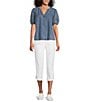 Intro Split V-Neck Embroidered Elbow Puff Sleeve Denim Blouse - Image 5